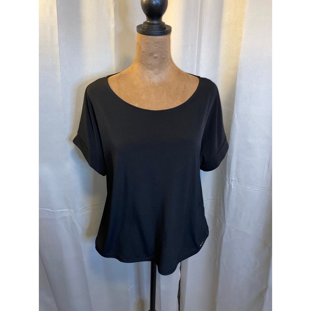 Calvin Klein Womens Black Short Sleeve Blouse Top S Rolled Sleeve Stretch Shirt